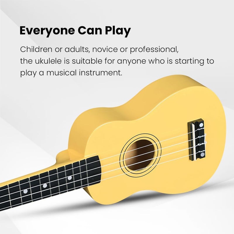 Winzz Soprano Ukulele Starter Kit For Beginners with Bag, Clip-On Tuner, Extra Strings, Strap, Plectrum, Fret Stickers, Chords Card, Polishing Cloth, Baby Yellow - Image 2